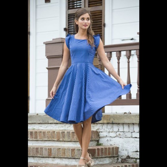 Blue Pinstripe In a Cinch Dress - Picture 1 of 6